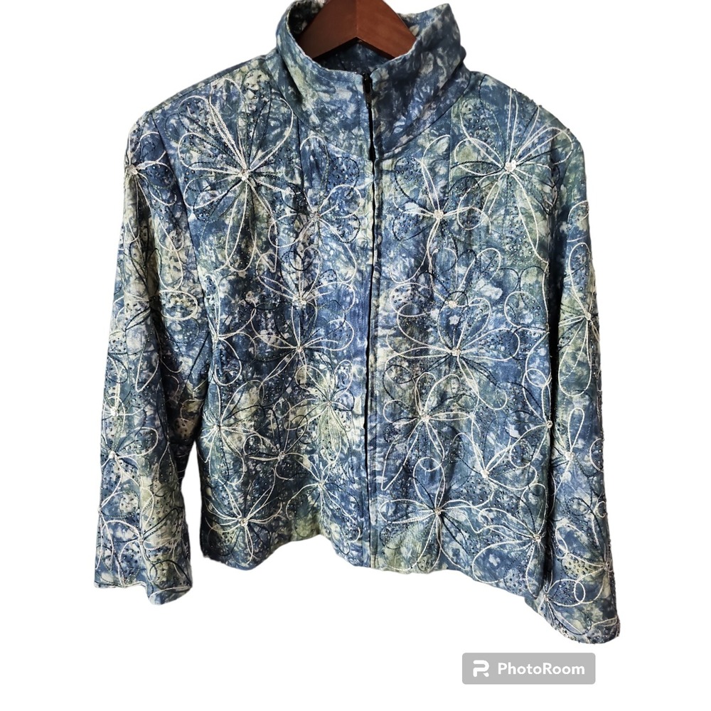 Sophy Curson Womens Embellished Full Zip Floral‎ Stitch Jacket Size M Blue Multi